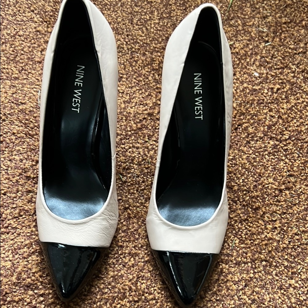 Nine West Black and Cream Heels with Patent Leather Finish
